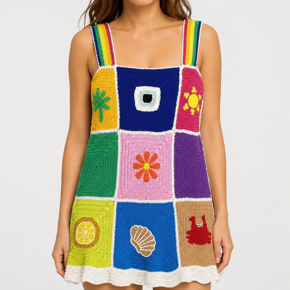 Pitusa Crochet Patchwork Mini Dress Multi Color Cotton Sun Evil Eye Standard